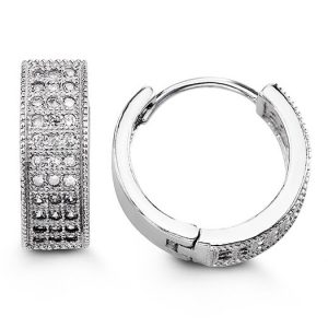 Three-Row Iced Design Huggie Earrings, Large