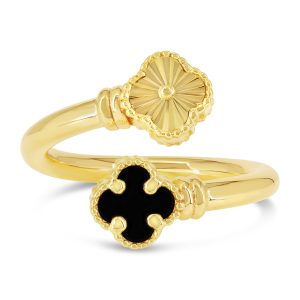 Diamond Cut And Onyx Clover Ring, Medium